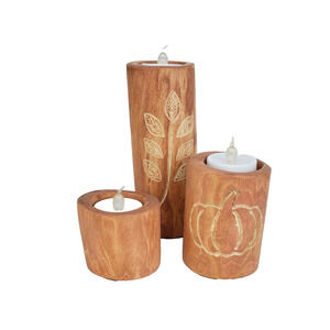 Hand Carved Wood Candle Holders Set of 3 Round Tea Light Rustic Farmhouse Fall